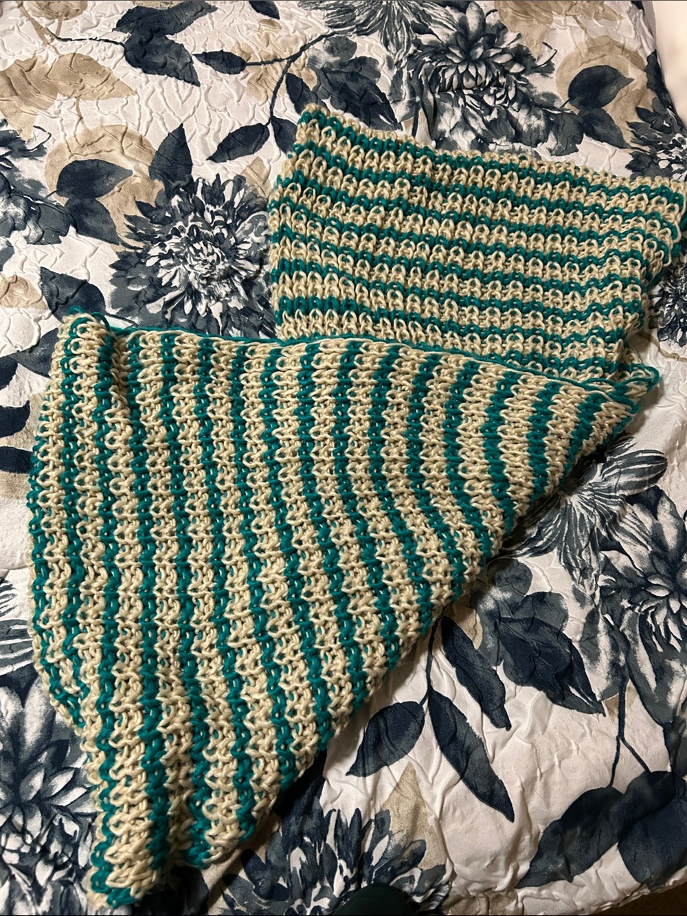 Crocheted Scarf in Teal and Cream